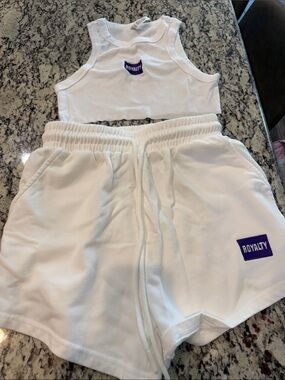 Royalty For Me White Crop Tank Top & Shorts Set with Purple Logo